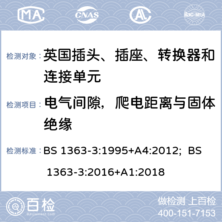 电气间隙，爬电距离与固体绝缘 13A插头、插座、转换器和连接单元 第3部分：转换器规范 BS 1363-3:1995+A4:2012; BS 1363-3:2016+A1:2018 8