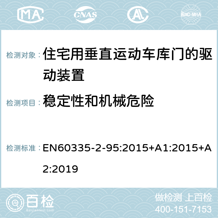 稳定性和机械危险 住宅用垂直运动车库门的驱动装置的特殊要求 EN60335-2-95:2015+A1:2015+A2:2019 20