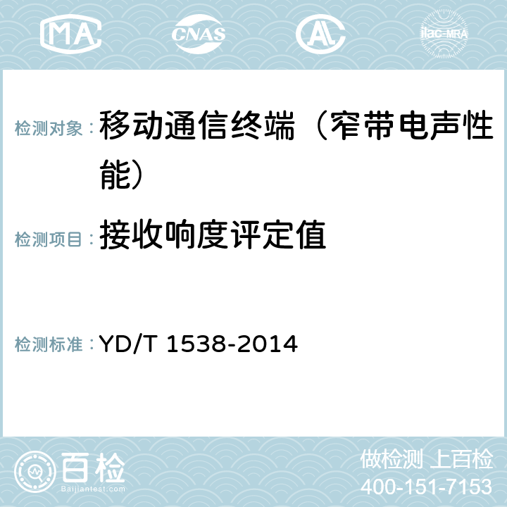 接收响度评定值 数字移动终端音频性能技术要求及测试方法 YD/T 1538-2014 7.4.1~7.4.3