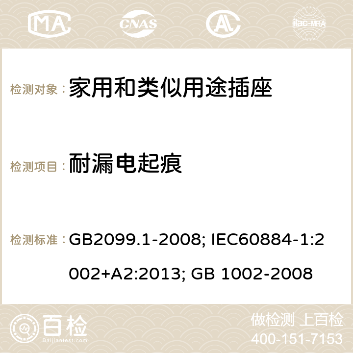 耐漏电起痕 家用和类似用途插头插座 第一部分：通用要求；家用和类似用途单相插头插座型式、基本参数和尺寸 GB2099.1-2008; IEC60884-1:2002+A2:2013; GB 1002-2008 28