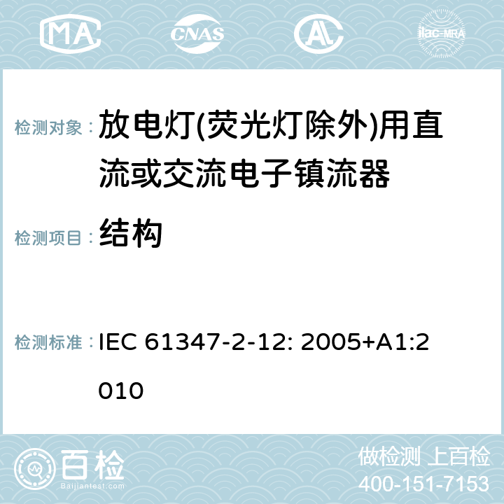 结构 灯的控制装置
第2-12部分：
特殊要求
放电灯(荧光灯除外)用直流或交流电子镇流器 IEC 
61347-2-12: 2005+
A1:2010 18