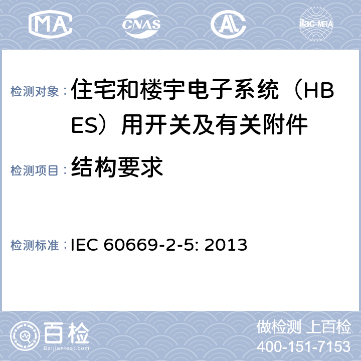 结构要求 家用和类似用途固定式电气装置的开关 第2-5部分：住宅和楼宇电子系统（HBES）用开关及有关附件 IEC 60669-2-5: 2013 13