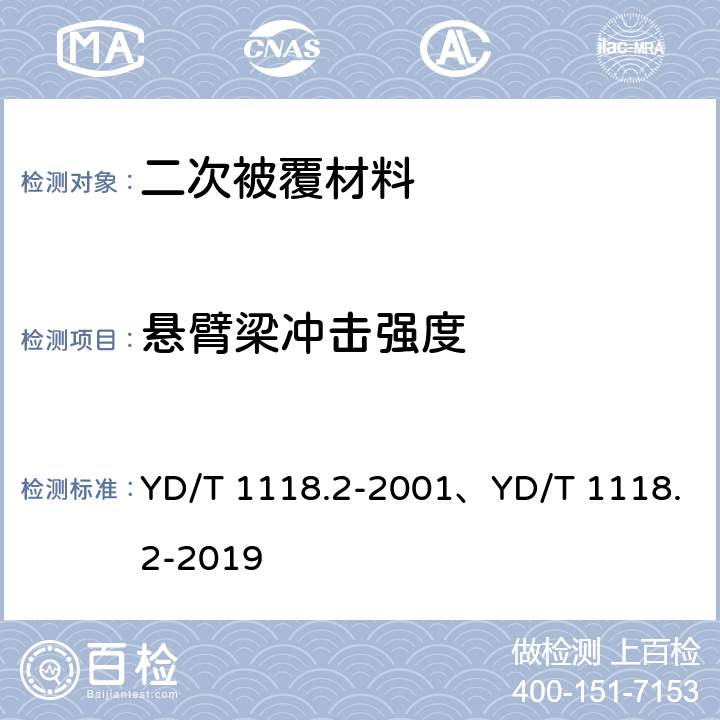 悬臂梁冲击强度 光纤用二次被覆材料 第2部分：改性聚丙烯； YD/T 1118.2-2001、YD/T 1118.2-2019 4.12