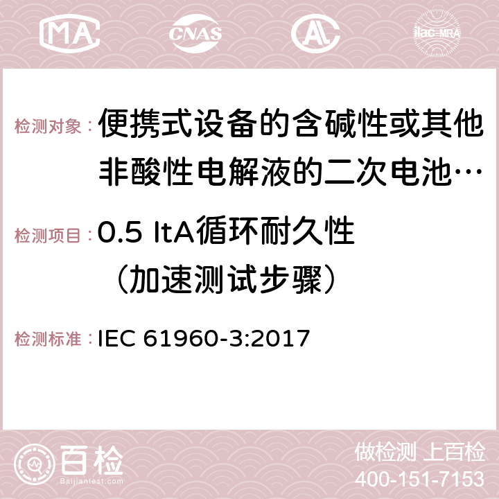 0.5 ItA循环耐久性（加速测试步骤） 便携式设备的含碱性或其他非酸性电解液的二次电池或电芯 IEC 61960-3:2017 7.6.3