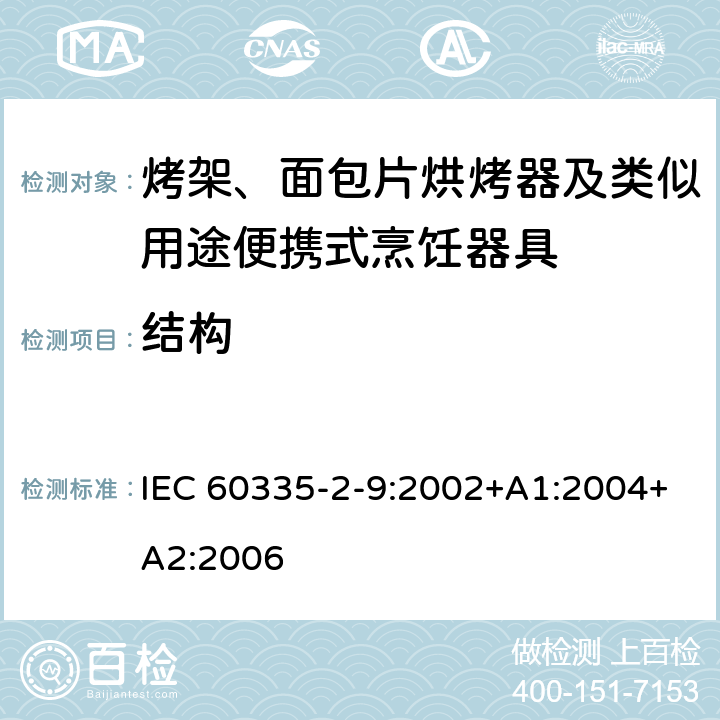 結構 家用和類似用途電器的安全 第2-9部分：烤架、面包片烘烤器及類似用途便攜式烹飪器具的特殊要求 IEC 60335-2-9:2002+A1:2004+A2:2006 22