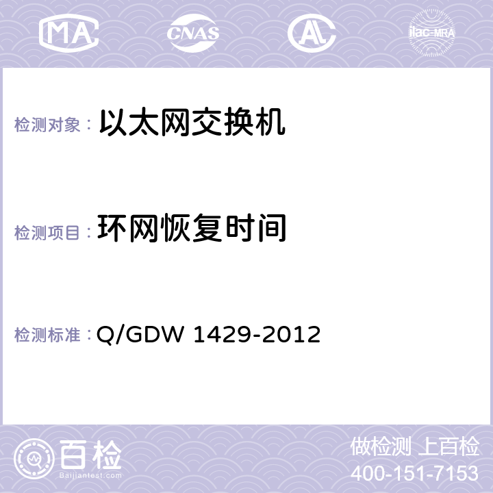 环网恢复时间 智能变电站网络交换机技术规范 Q/GDW 1429-2012 6.7.10