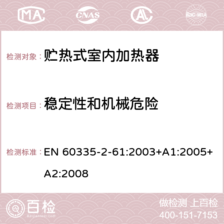 稳定性和机械危险 家用和类似用途电器的安全 贮热式室内加热器的特殊要求 EN 60335-2-61:2003+A1:2005+A2:2008 20