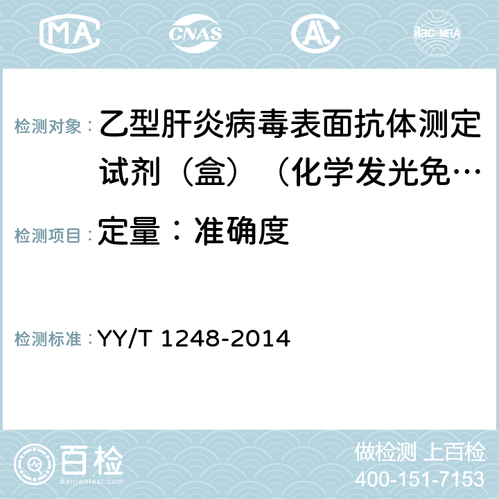 定量：準(zhǔn)確度 乙型肝炎病毒表面抗體測定試劑（盒）（化學(xué)發(fā)光免疫分析法） YY/T 1248-2014 3.1.3