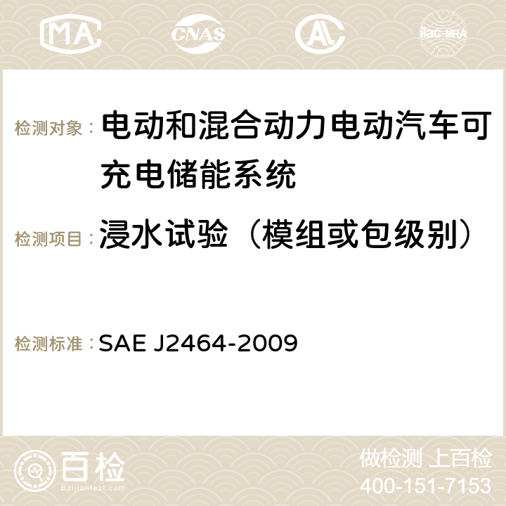 浸水试验（模组或包级别） 电动和混合动力电动汽车可充电储能系统(RESS)安全性和滥用测试 SAE J2464-2009 4.3.5