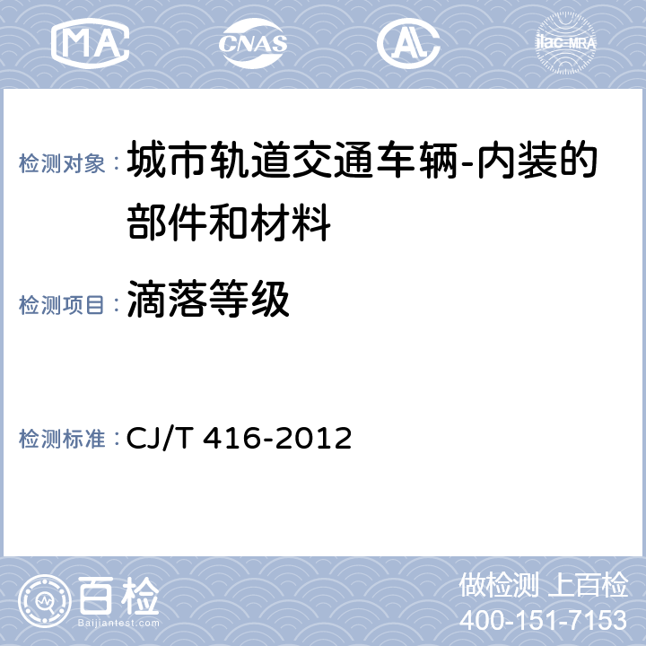 滴落等级 CJ/T 416-2012 城市轨道交通车辆防火要求