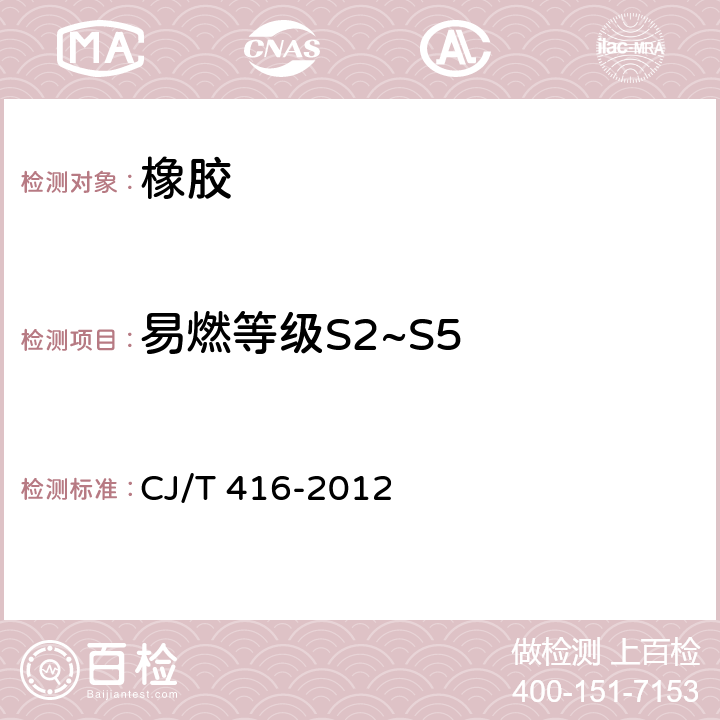 易燃等级S2~S5 城市轨道交通车辆防火要求 CJ/T 416-2012 6.1.1及附录A的A.2.2