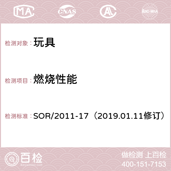 燃燒性能 玩具條例 SOR/2011-17（2019.01.11修訂） 21 不含賽璐珞和具有賽璐珞相同特性的材料；32 可燃性的外層；33 可燃性的紗線；34 可燃性的頭發(fā)或鬃毛