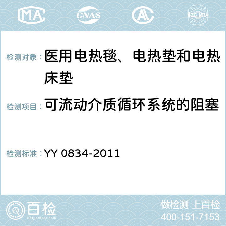 可流动介质循环系统的阻塞 医用电气设备 第二部分：医用电热毯、电热垫和电热床垫 安全专用要求 YY 0834-2011 52.5.104