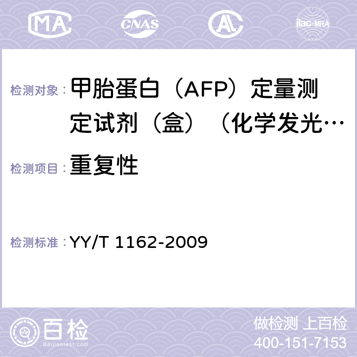 重复性 甲胎蛋白（AFP）定量测定试剂（盒）（化学发光免疫分析法） YY/T 1162-2009 5.6