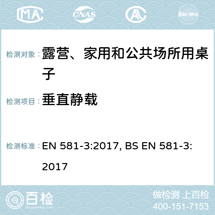 垂直静载 露营、家用和公共场所用座椅和桌子-第三部分: 桌子机械安全要求和测试方法 EN 581-3:2017, BS EN 581-3:2017 5.2.1表1中6