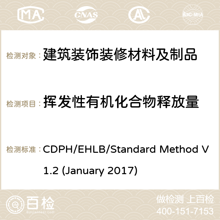 挥发性有机化合物释放量 用环境舱测定和评价室内源的挥发性有机化合物（VOC）释放量的标准方法 版本1.2 CDPH/EHLB/Standard Method V1.2 (January 2017)
