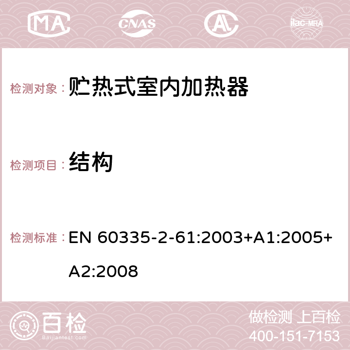 结构 家用和类似用途电器的安全 贮热式室内加热器的特殊要求 EN 60335-2-61:2003+A1:2005+A2:2008 22