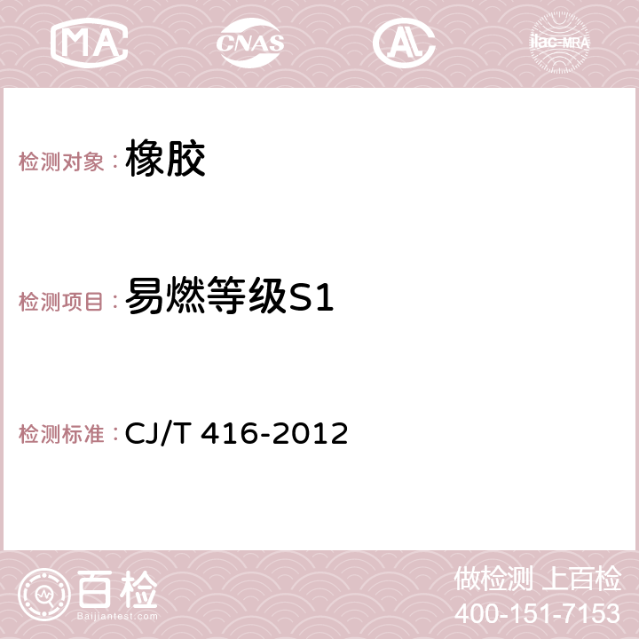 易燃等級S1 城市軌道交通車輛防火要求 CJ/T 416-2012 6.1.1及附錄A的A.2.1