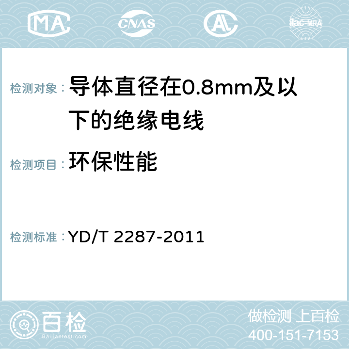 环保性能 导体直径在0.8mm及以下的绝缘电线 YD/T 2287-2011 6.3.9