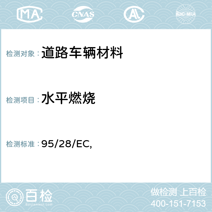 水平燃烧 关于特定类别机动车辆内部结构所用材料的燃烧特性 95/28/EC, 附录IV