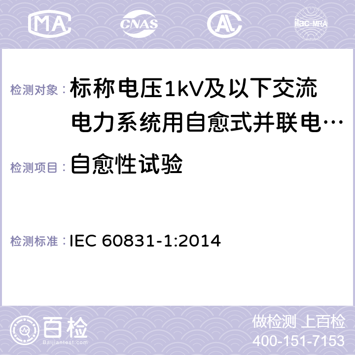 自愈性试验 IEC 60831-1-2014 标称电压1kV及以下交流电力系统用自愈式并联电容器 第1部分:总则 性能、试验和定额 安全要求 安装和运行导则