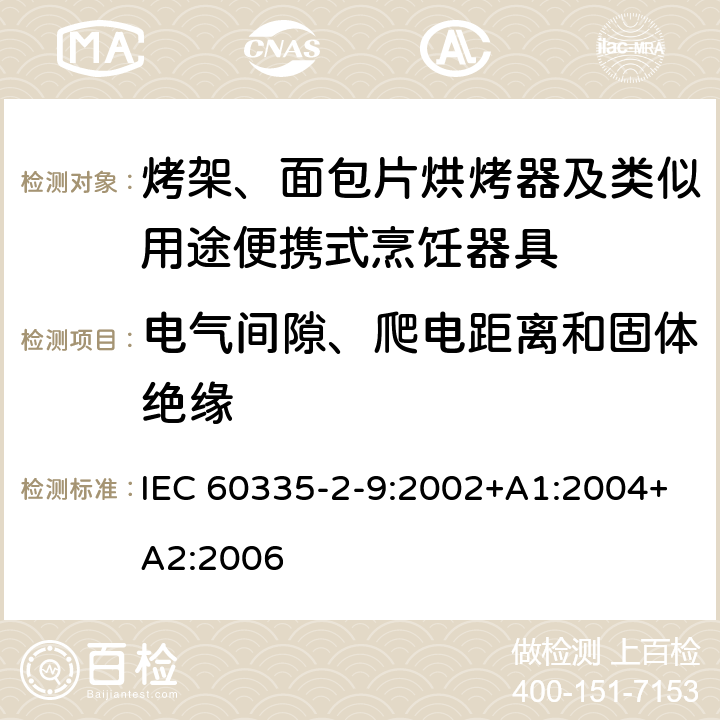 電氣間隙、爬電距離和固體絕緣 家用和類似用途電器的安全 第2-9部分：烤架、面包片烘烤器及類似用途便攜式烹飪器具的特殊要求 IEC 60335-2-9:2002+A1:2004+A2:2006 29