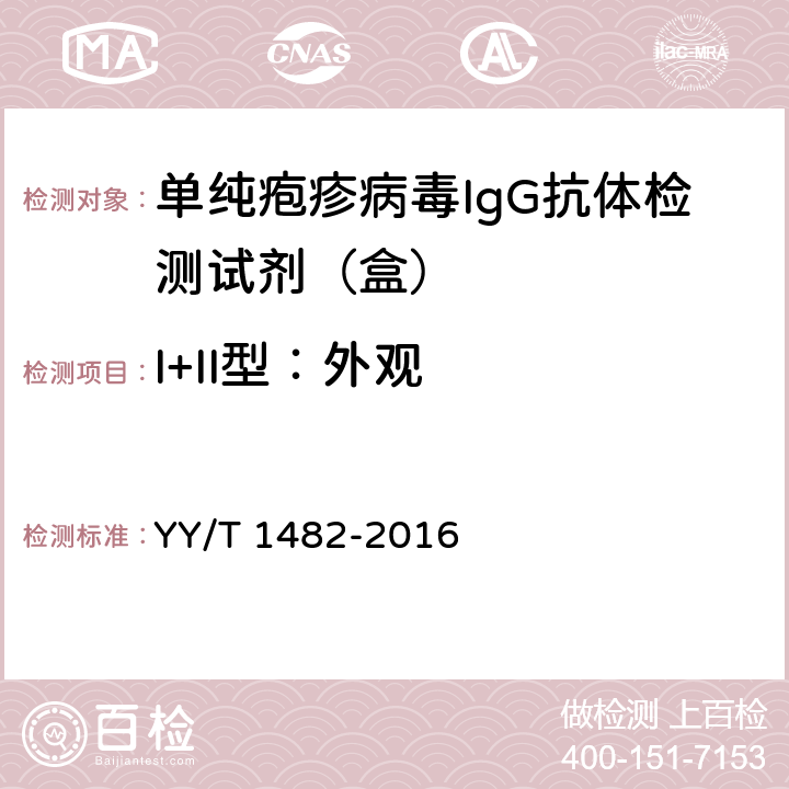 I+II型：外观 单纯疱疹病毒IgG抗体检测试剂（盒） YY/T 1482-2016 3.3.1