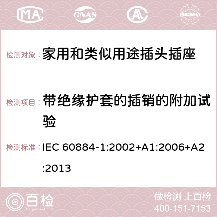 带绝缘护套的插销的附加试验 家用和类似用途插头插座 第1部分：通用要求 IEC 60884-1:2002+A1:2006+A2:2013 30