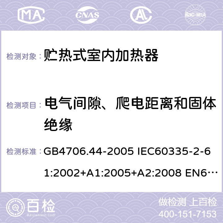 电气间隙、爬电距离和固体绝缘 家用和类似用途电器的安全 贮热式室内加热器的特殊要求 GB4706.44-2005 IEC60335-2-61:2002+A1:2005+A2:2008 EN60335-2-61:2003+A1:2005+A2:2008 AS/NZS60335.2.61:2005(R2016)+A1:2005+A2:2009 29