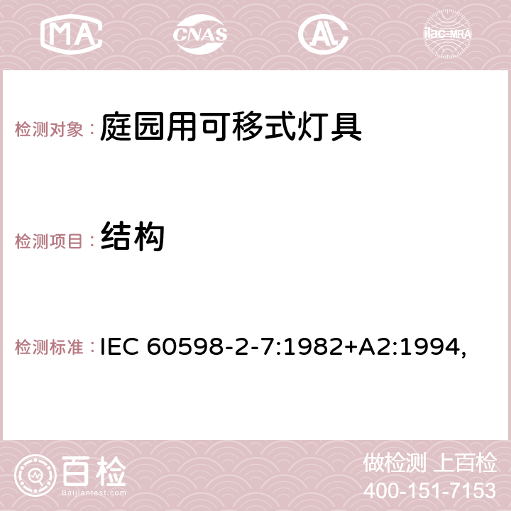 结构 灯具 第2-7部分:特殊要求 庭园用可移式灯具 IEC 60598-2-7:1982+A2:1994,
EN 60598-2-7:1989+A13:1997 7.6