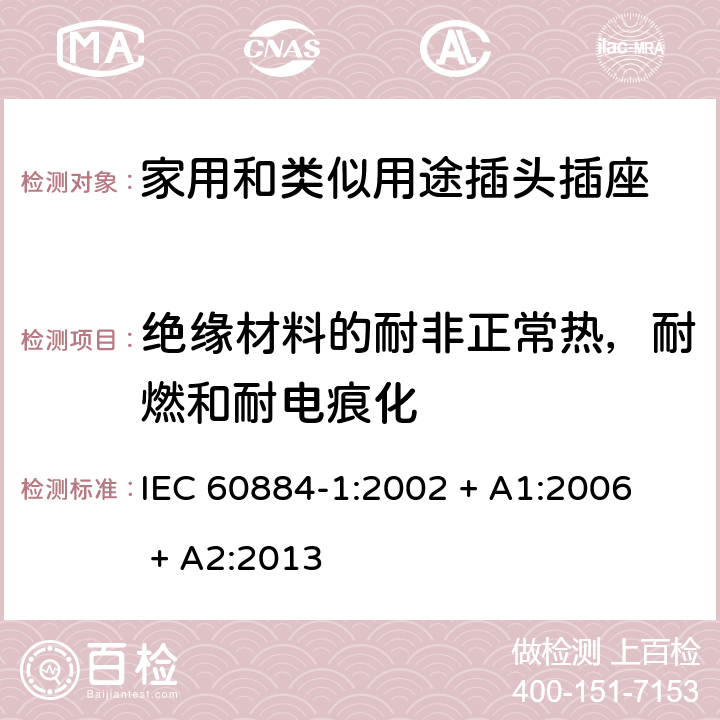 绝缘材料的耐非正常热，耐燃和耐电痕化 家用和类似用途插头插座第1部分：通用要求 
IEC 60884-1:2002 + A1:2006 + A2:2013 28