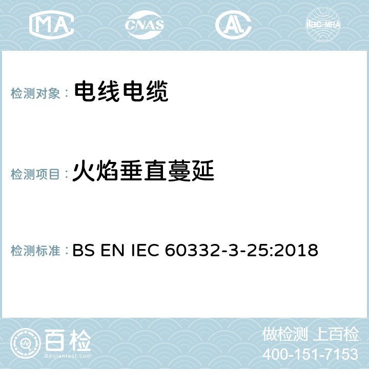 火焰垂直蔓延 电缆和光缆在火焰条件下的燃烧试验 第3-25部分: 垂直安装的成束电线电缆火焰垂直蔓延试验 D类 BS EN IEC 60332-3-25:2018