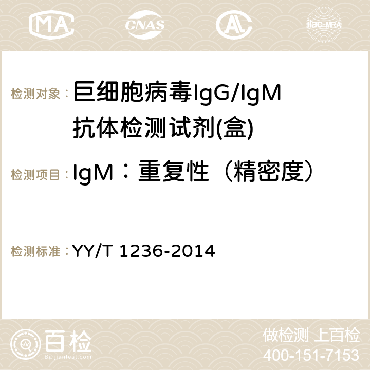 IgM：重复性（精密度） 巨细胞病毒IgG/IgM抗体检测试剂(盒) YY/T 1236-2014 3.2.4