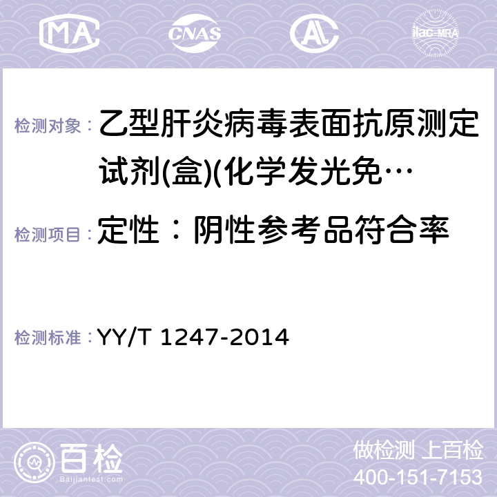 定性：陰性參考品符合率 乙型肝炎病毒表面抗原測定試劑(盒)(化學發光免疫分析法) YY/T 1247-2014 3.2.3
