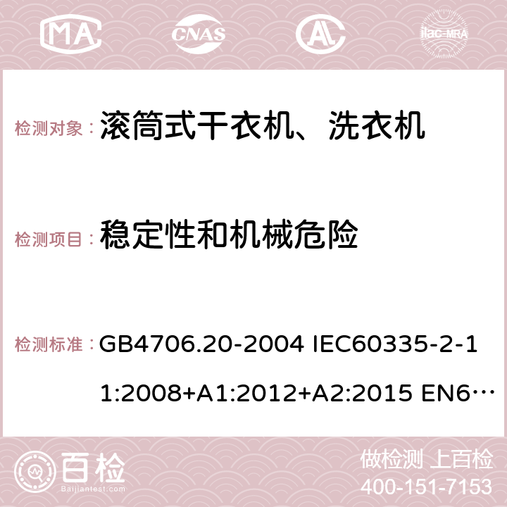 稳定性和机械危险 家用和类似用途电器的安全 滚筒式干衣机的特殊要求 GB4706.20-2004 IEC60335-2-11:2008+A1:2012+A2:2015 EN60335-2-11:2010+A11:2012+A1:2015 AS/NZS60335.2.11:2017 20