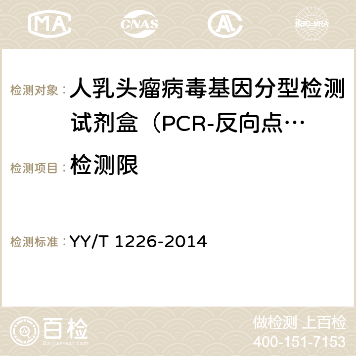 检测限 中华人民共和国医药行业标准《人乳头瘤病毒核酸（分型）检测试剂（盒）》 YY/T 1226-2014 4.2.5