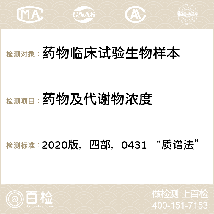 药物及代谢物浓度 《中华人民共和国药典》 2020版，四部，0431 “质谱法”