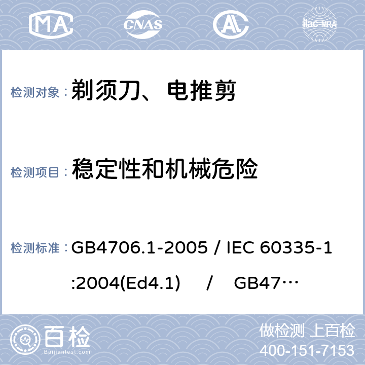 稳定性和机械危险 家用和类似用途电器的安全 第一部分：通用要求 / 家用和类似用途电器的安全 第二部分：剃须刀、电推剪及类似器具的特殊要求 GB4706.1-2005 / IEC 60335-1:2004(Ed4.1) / GB4706.9-2008 / IEC 60335-2-8:2002 20