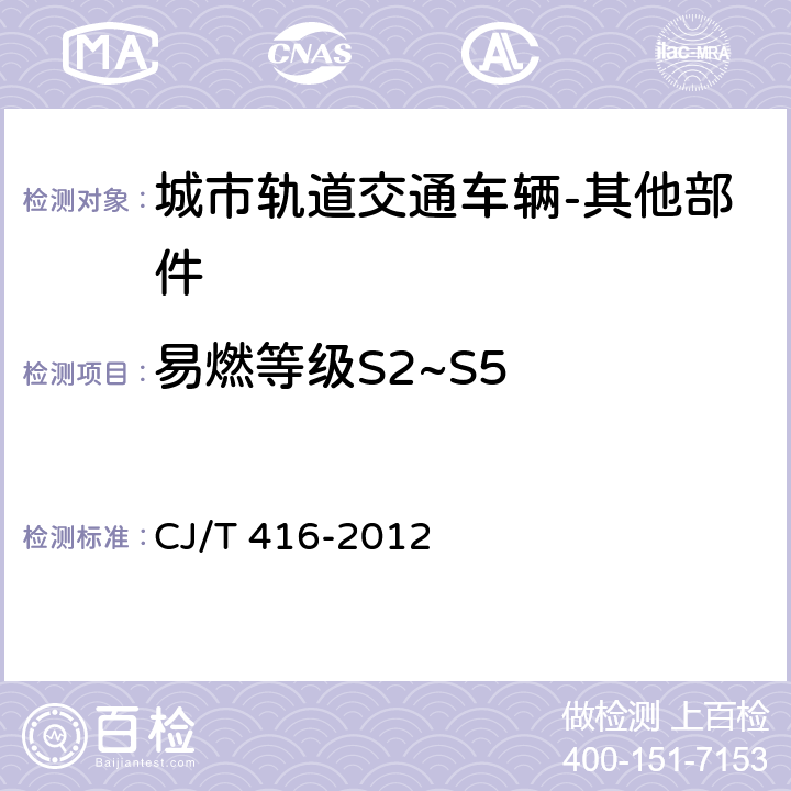 易燃等级S2~S5 城市轨道交通车辆防火要求 CJ/T 416-2012 7.3.1~7.3.3