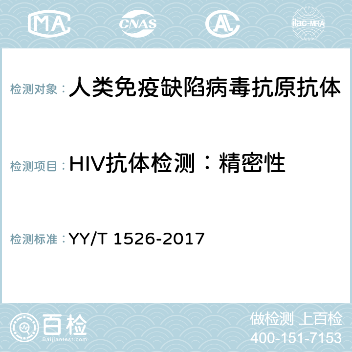 HIV抗体检测：精密性 人类免疫缺陷病毒抗原抗体联合检测试剂盒（发光类） YY/T 1526-2017 3.2.4
