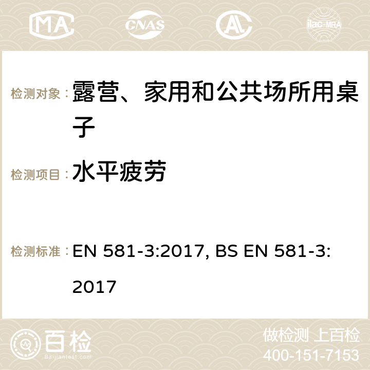 水平疲劳 EN 581-3:2017 露营、家用和公共场所用座椅和桌子-第三部分: 桌子机械安全要求和测试方法 , BS  5.2.1表1中5