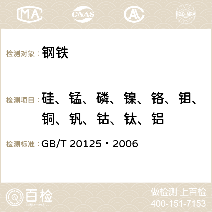 硅、锰、磷、镍、铬、钼、铜、钒、钴、钛、铝 低合金钢多元素的测定 电感耦合等离子体发射光谱法 GB/T 20125–2006