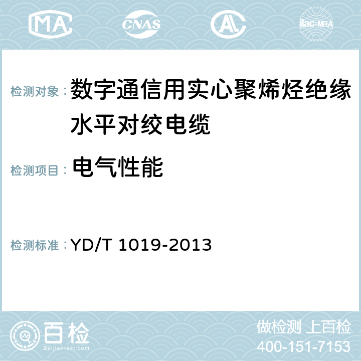 电气性能 数字通信用实心聚烯烃绝缘水平对绞电缆 YD/T 1019-2013 6.6表37序号1