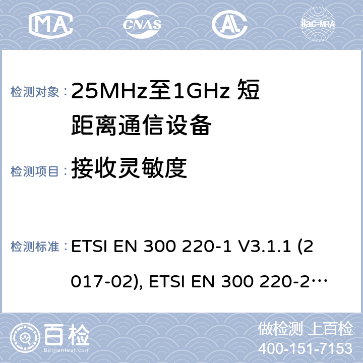 接收灵敏度 短距离设备；25MHz至1GHz短距离无线电设备 第一,二,三和四部分 ETSI EN 300 220-1 V3.1.1 (2017-02), ETSI EN 300 220-2 V3.2.1 (2018-06), ETSI EN 300 220-3-1 V2.1.1 (2016-12), ETSI EN 300 220-3-2 V1.1.1 (2017-02), ETSI EN 300 220-4 V1.1.1 (2017-02) 5.14