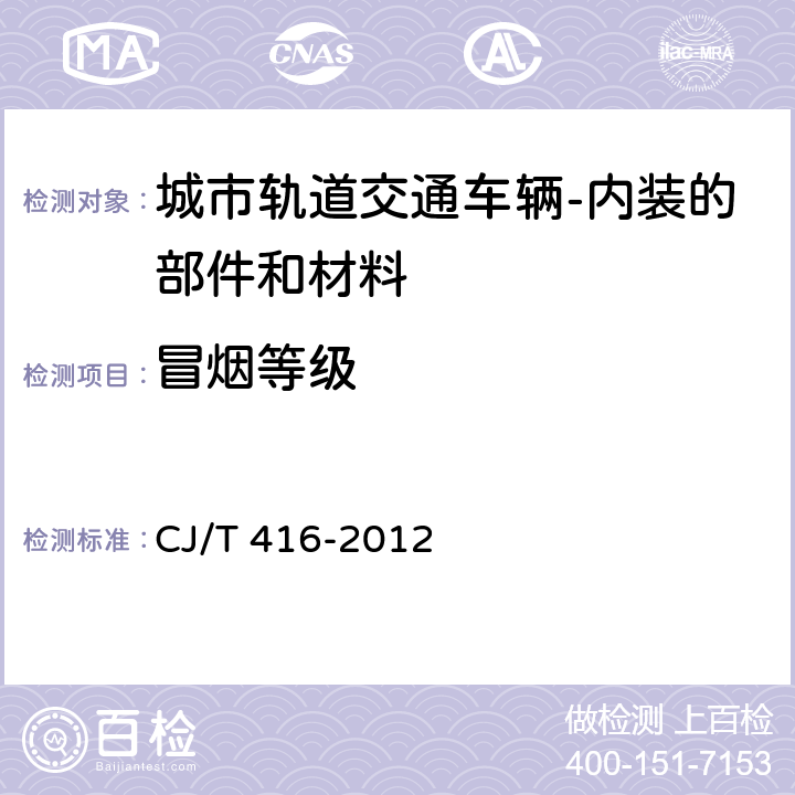 冒烟等级 城市轨道交通车辆防火要求 CJ/T 416-2012 表8
