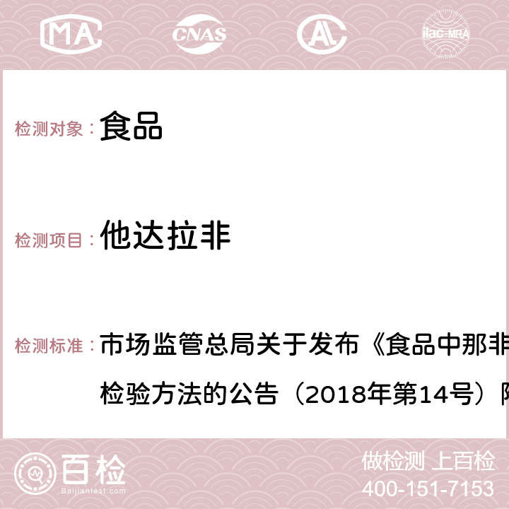 他达拉非 食品中那非类物质的测定 市场监管总局关于发布《食品中那非类物质的测定》食品补充检验方法的公告（2018年第14号）附件 BJS201805