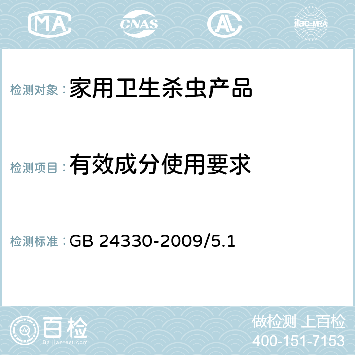 有效成分使用要求 家用卫生杀虫用品安全通用技术条件 GB 24330-2009/5.1