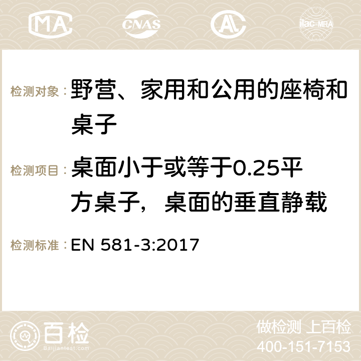 桌面小于或等于0.25平方桌子，桌面的垂直静载 户外家具 野营、家用和公用的座椅和桌子 第3部分: 桌子的机械安全要求和测试方法 EN 581-3:2017 5.2