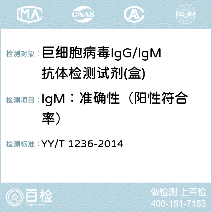 IgM：准确性（阳性符合率） 巨细胞病毒IgG/IgM抗体检测试剂(盒) YY/T 1236-2014 3.2.2