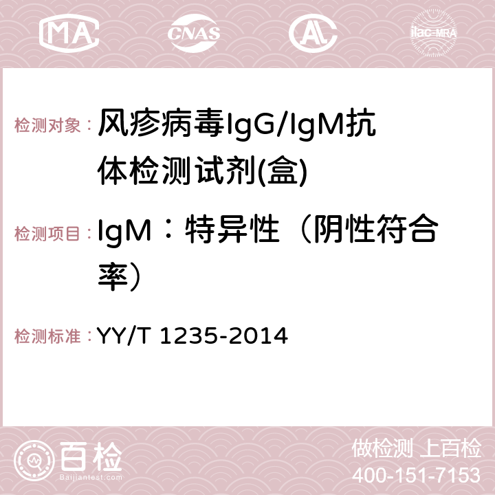 IgM：特异性（阴性符合率） 风疹病毒IgG/IgM抗体检测试剂(盒) YY/T 1235-2014 3.2.3